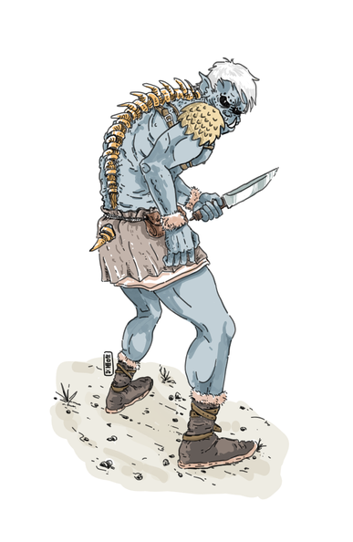 Colored illustration of a type of orc with human figure. The orc has an external yellow spine and is holding a knife.