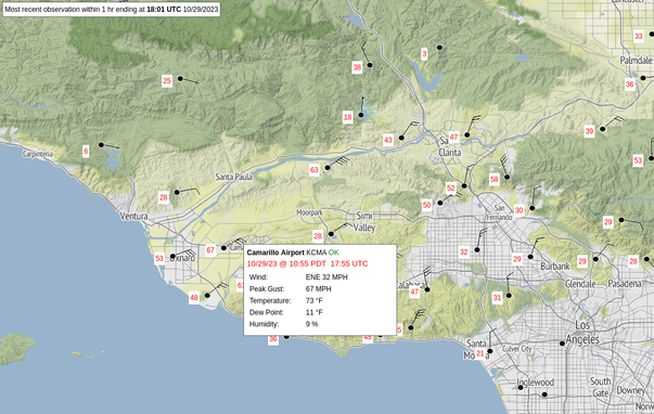 67mph gusts in Camarillo, CA on MesoWest