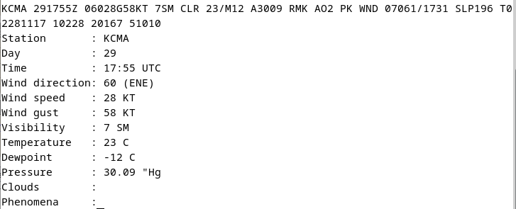 KCMA 291755Z 06028G58KT 7SM CLR 23/M12 A3009 RMK AO2 PK WND 07061/1731 SLP196 T02281117 10228 20167 51010
Station       : KCMA
Day           : 29
Time          : 17:55 UTC
Wind direction: 60 (ENE)
Wind speed    : 28 KT
Wind gust     : 58 KT
Visibility    : 7 SM
Temperature   : 23 C
Dewpoint      : -12 C
Pressure      : 30.09 "Hg
Clouds        : 
Phenomena     :