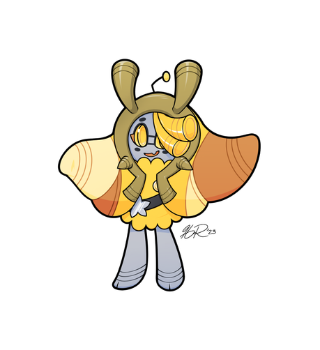 An Ogerpon/Gholdengo/Gimmighoul fusion. The skin is grey for contrast against the golds and oranges of the coat and the bronze of the rim around its face (that color is from the treasure chest).