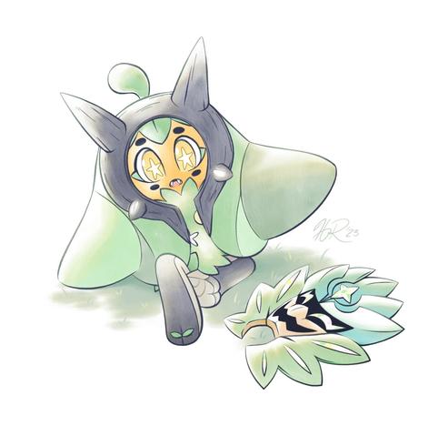 Ogerpon sits on some grass and looks at her Teal Mask, which is laying on the ground in front of her.