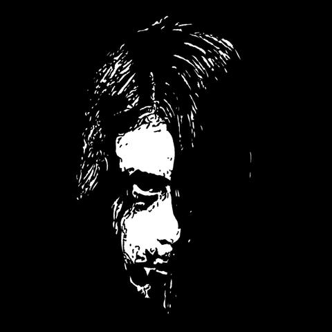 Pen drawing of a young girl zombie emerging from the shadows drawn on a black background.
