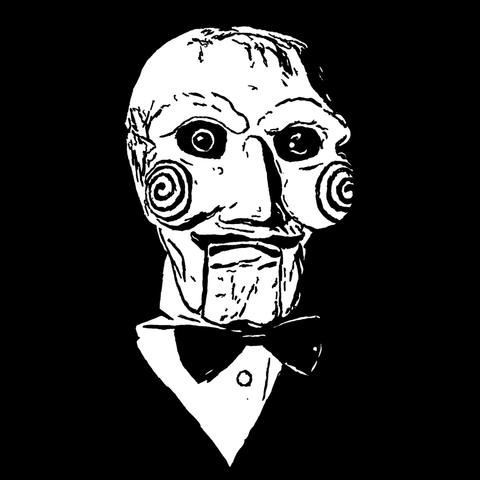 Black and white drawing of a scary puppet wearing a tuxedo drawn on a black background.