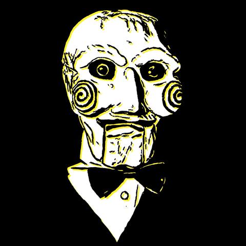 Yellow drawing of a scary puppet wearing a tuxedo drawn on a black background.