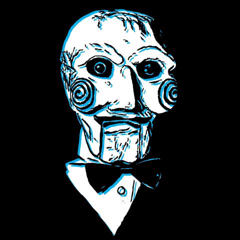 Cyan drawing of a scary puppet wearing a tuxedo drawn on a black background.