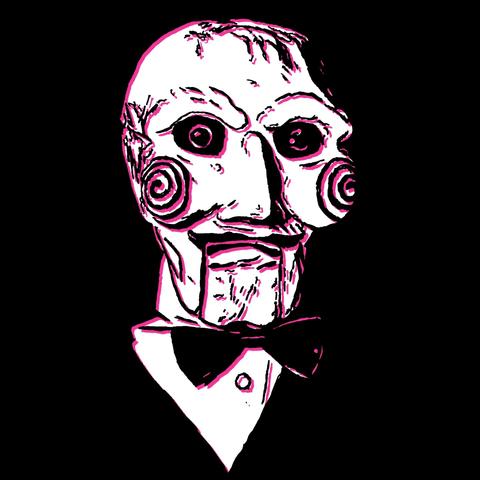 Magenta drawing of a scary puppet wearing a tuxedo drawn on a black background.