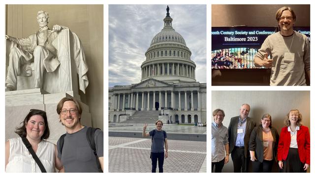 Pictures of Lucas having a good time, at the SCSC2023 (with a screen showing the conference title), in our panel on microhistory (group picture with all speakers) and visiting Washington (the capitol and Lincoln memorial) with the best tour guide ever: Annie! Smiling faces everywhere (except for Lincoln in the background of the first picture)