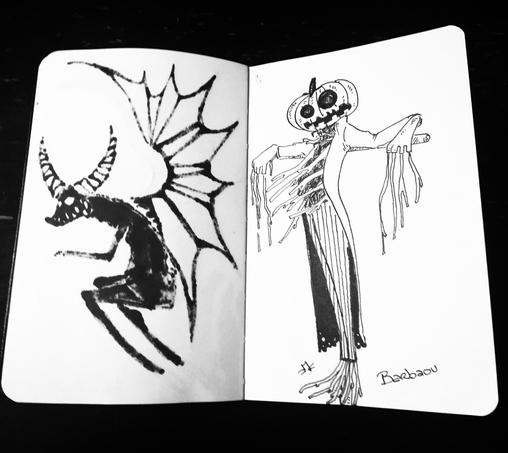 Description : Dessin à l'encre d'un épouvantail accroché à un bâton. Il a une tête de citrouille effrayante. Des branches sortent de son torse comme des côtés cassés et de ses mains formant des sortes de griffes. 

Créature : Babau (Babaou, barbaou, barbeu, et multiples variantes) est le nom du croque-mitaine dans de nombreuses régions de France et d'autres pays d'Europe tandis qu'au Québec, il s'appelait parfois Babou et menaçait d'attaquer en groupe dans la noirceur de la nuit. Désigne aussi un épouvantail.
