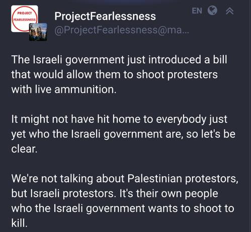 ProjectFearlessness

The Israeli government just introduced a bill that would allow them to shoot protesters with live ammunition. It might not have hit home to everybody just yet who the Israeli government are, so let's be clear. We're not talking about Palestinian protestors, but Israeli protestors. It's their own people who the Israeli government wants to shoot