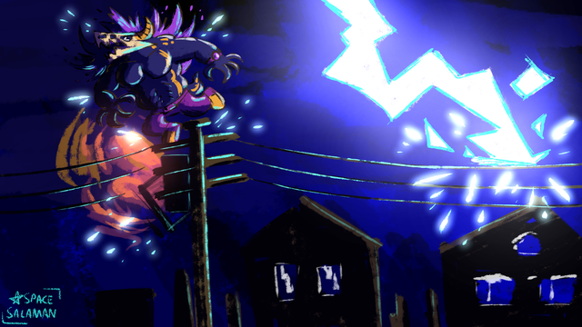 A dark night scene of the suburbs, generously lit by a huge lightning bolt striking the wires!

Thonis the big muscular demonic entity, a skull-faced monster with long hair, was standing atop a street pole, and got shocked, sent flying and sparking down, fuse box under him caught mid-explosion.