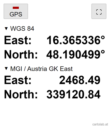 Screenshot of the coordinate converter app at cartolab.at