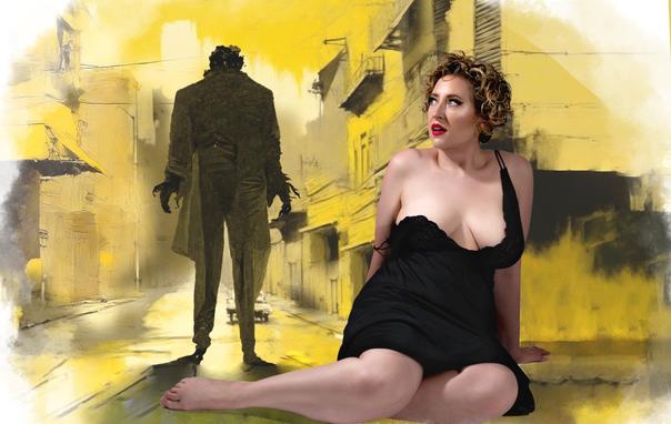 A beautiful woman lies on the ground of a yellow, painted street. In the distance behind her, an indistinct figure looms menacingly.
