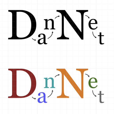 DanNet logo attempts, one in black and one using a 6-colour colour theme.