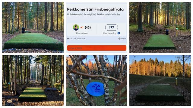 Syksyisiä maisemakuvia Peikkometsän frisbeegolfradan peliväyliltä Kuopiosta. Mukana on myös kuvakaappaus UDisc tulossovelluksen uudesta rating -ominaisuudesta joka arvioi jokaisen pelatun kierroksen suhteessa muihin pelaajiin.