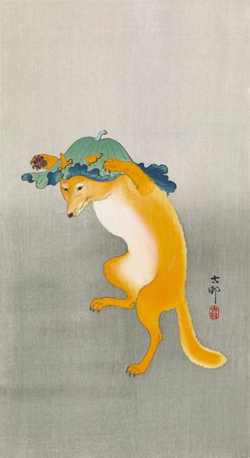 A fox, wearing a large floppy lotus leaf as a hat, is engaging in a dance, reared up on his hind legs and holding his forelegs up over his head. For his hat, he has torn two holes in the leaf so his ears can poke through. The background of the image is misty and indistinct