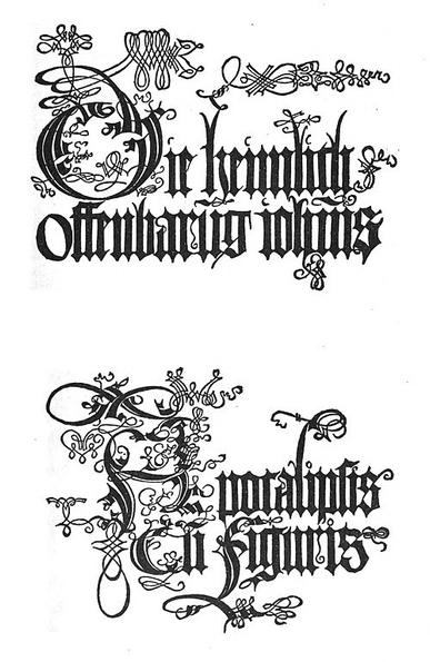 Titelblatt der von Dürer mit Holzschnitten illustrierten Offenbarung des Johannes. Oben steht in prächtig verschnörkelter gotischer Schrift Die heimlich Offenbarung Joanis . Unten steht in der gleichen Schrift Apocalypsis cum Figuren. Die Initialen sind jeweils besonders  aufwendig gestaltet.