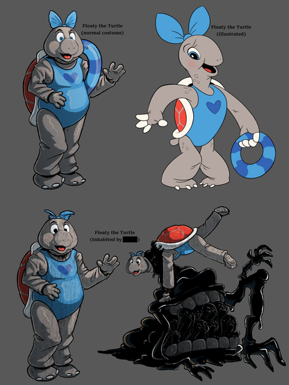 4 images combined featuring a grey turtle in a blue single piece swimsuit named Floaty showing a 2D illustrated version, a drawing more realistic suit version, a suit version that shows some mild deterioration and finally the suit showing some massive black goopy entity with a mouth full of humanoid ghostly creatures coming out of the next area of the suit.