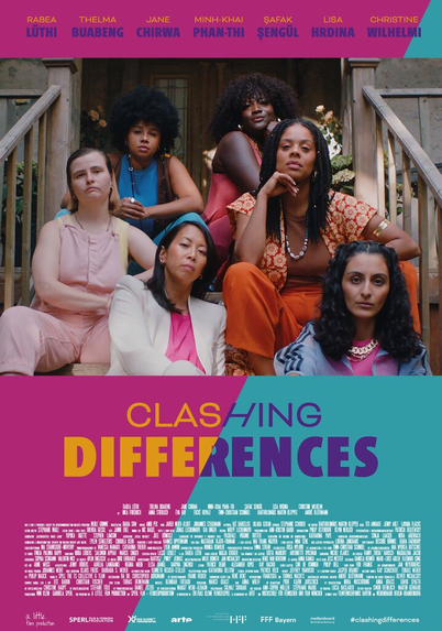 Filmplaket der Mini-Serie "Clashing Diffences".

Ganz oben die Namen der sieben Hauptdarstellenden, darunter ein Bild. Auf diesem sind sechs Personen unterschiedlicher Hautfarben, Kleidung, Haarstyles usw. zu sehen. Sie sitzen auf einer Treppe zu einem Hauseingang und schauen ernst und selbstbewusst in die Kamera.