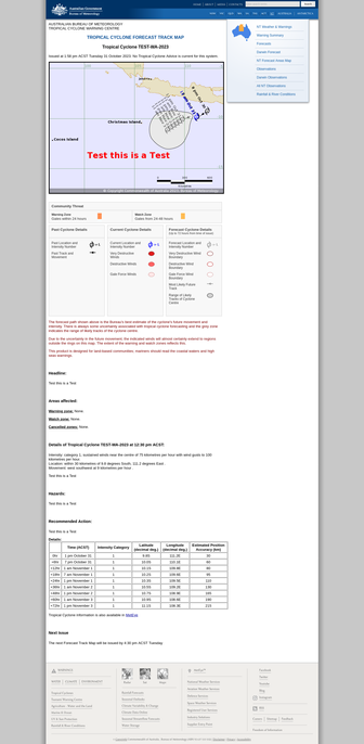 BoM weather website screenshot showing a fictitious cyclone "Test" east of Christmas Island.