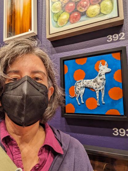 Lisa McElroy with her Xolo dog art at de Young Open 2023.