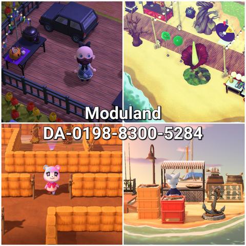 Collage of four Animal Crossing: New Horizons screenshots. In the upper left corner is a bald, bearded islander wearing a magical girl dress hanging around a trunk or treat area. In the upper right is a spooky boardwalk area alongside the beach. In the lower left area is what appears to be a hay maze with Judy (blue to purplish-pink bear cub with starry eyes) walking through. In the lower right corner is a beachfront fishing area with Walt (greyish-blue kangaroo seen from behind wearing a blue kimono) checking out a fish vendor stall. In the center in white letters it reads, "Moduland - DA-0198-8300-5284"