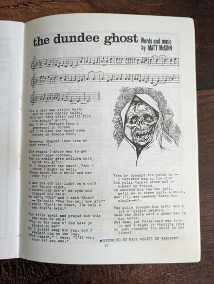 A page of Chapbook 3.4, titled 'the dundee ghost' with 'words and music by Matt McGinn'. There are 22 bars of music, lyrics to the song, and a hand-drawn picture of a ghoulish, skeleton-like head in a hood with a dark-shaded background behind it.
The lyrics are too long for this description box, but are available here: https://mudcat.org/detail_pf.cfm?messages__Message_ID=226962