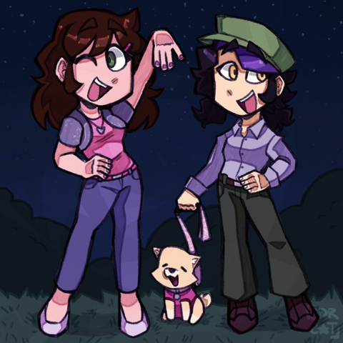 Akaei and Ashika are celebrating Halloween by dressing up as Sharpay and Ryan, respectively. Akaei has a pink shirt with a purple top over it, as well as a heart necklace. She's got purple jeans on and pink shoes. Ashika has a green hat, purple button up, and dark green pants on. Her shoes are a dark maroon color. She has Buttercup on a leash, dressed in a magenta shirt.