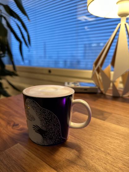 Coffee on the walnut table, it’s snowing outside. 7th floor.