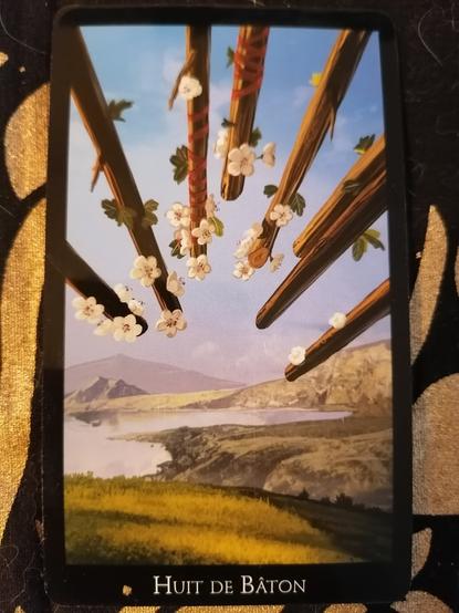 Huit bâtons d'aubépine en fleur, ornés de rubans rouges, tombent d'un beau ciel bleu.
À l'arrière plan, on voit un lac argenté, une vallée verdoyante et des montagnes.