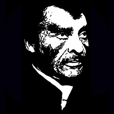 Pen drawing of William Marshall as Blacula wearing a gothic suit collar drawn on a black background.