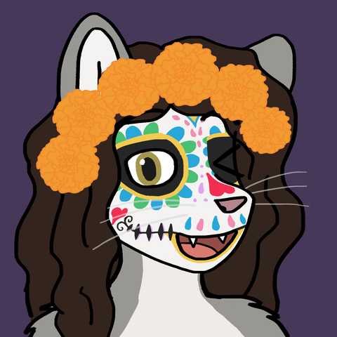 Digital painting of Amaya the snow leopard smiling and winking at the viewer. The portrait shows her painted white with a variety of colourful shapes and patterns running along the contours of her face. A crown of marigolds adorn her wavy brown hair.