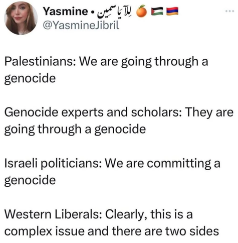 Yasmine

Palestinians: We are going through a genocide

Genocide experts and scholars: They are going through a genocide

Israeli politicians: We are committing a genocide 
Western Liberals: Clearly, this is a complex issue and there are two sides