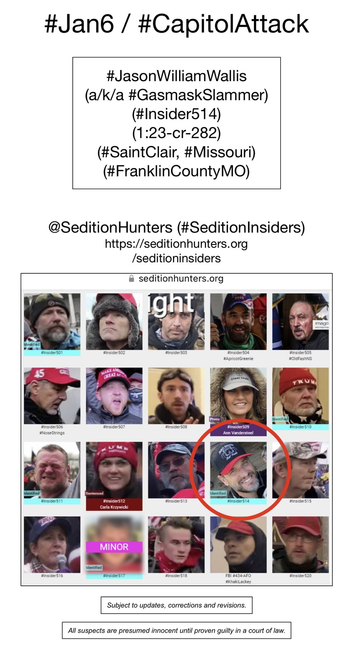 Photos of January 6th riot suspects who were observed inside the US Capitol Building, including Jason William Wallis (Saint Clair, Missouri).