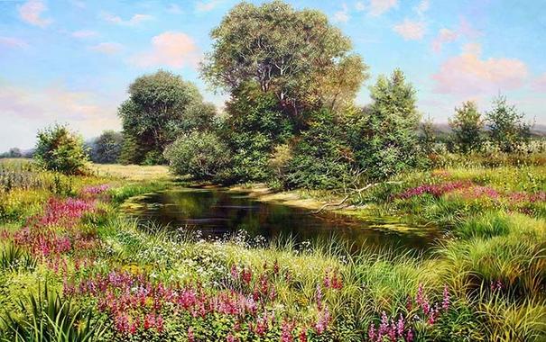 The first days of summer. In the center of the landscape is a small pond surrounded by a flowering meadow and trees. The meadow is covered with purple, yellow, white flowers.