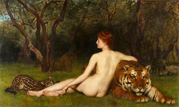 Young woman from mythology Circe sits on the grass surrounded by large cats lion leopard tiger in Victorian art
