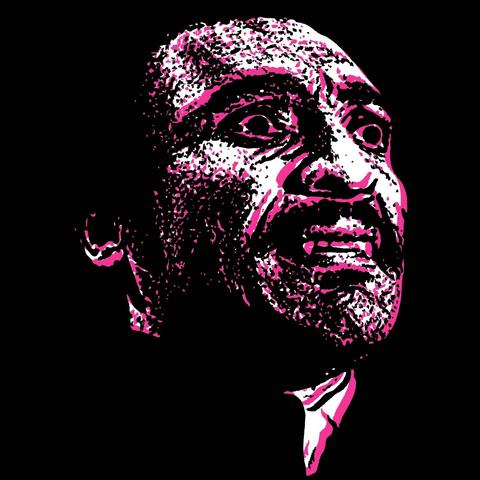 Magenta drawing of a black vampire emerging from a black background.