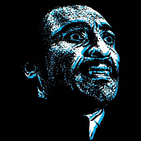 Cyan drawing of a black vampire emerging from a black background.