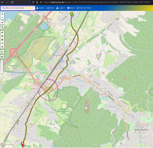 Screenshot bikerouter im Bereich Baden-Baden. Vorgeschlagene Route führt über die sehr gefährliche Anschlußstelle B3 und B500