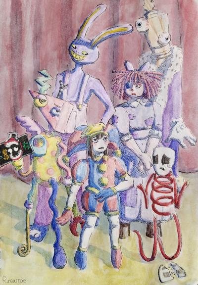 An inked watercolor picture of the main humans from the Amazing Digital Circus. In the front from left to right are Zooble, who's censored hand is flipping off the camera, Pomni, who's looking up at Jax's hand resting on her head, and Gangle, who's looking at Jax sadly as their comedy mask is shattered. In the back is Jax, who's looking smugly at Ragatha who's looking back in a stern expression, while Kinger is stiff and wall eyed. The background is a stage with a yellow floor and red curtains.