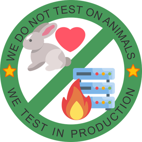 A green no parking sign with the inscription we do not test on animals we test in production showing a bunny, a red heart and a stack of servers going up in flames

Original idea found on https://www.reddit.com/r/ProgrammerHumor/comments/z1z43b/ive_made_a_new_sticker_so_your_projects_has_no by u/AlFlakky (AlexBlintsov)&#10;Used sources from Flaticon.com: Star Icons by Pixel perfect, Hase by torskaya, hacken by juicy_fish, dedizierter Server by Design Circle, Herz by IconBaandar