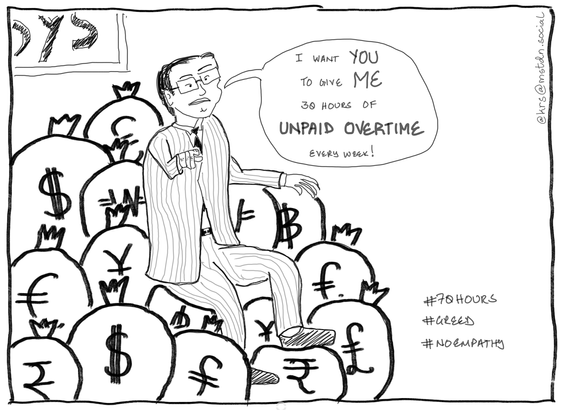 a rich indian fat-cat businessman sits on bags of money and exhorts his workers to give him 30 hours of unpaid overtime (or 70 working hours overall) every week.
