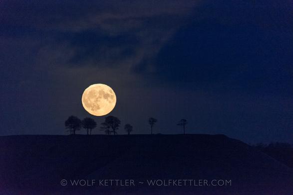 This dark, night time photograph shows the brow of a hill running horizontally across the frame, about a third up from the bottom. A row of trees is faintly silhouetted against the light of the rising full moon just above.
A few light clouds are visible in the sky. They appear to be behind the moon because the moon is so bright. Obviously, clouds cannot be behind the moon.