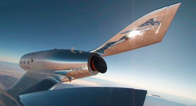 VSS Unity as seen from the left tail boom during the descent phase of flight.