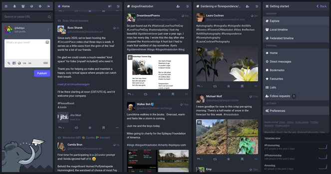 Screenshot of the multicolumn advanced web interface on Mastodon, with five separate columns filling up the screen full of different kinds of content.