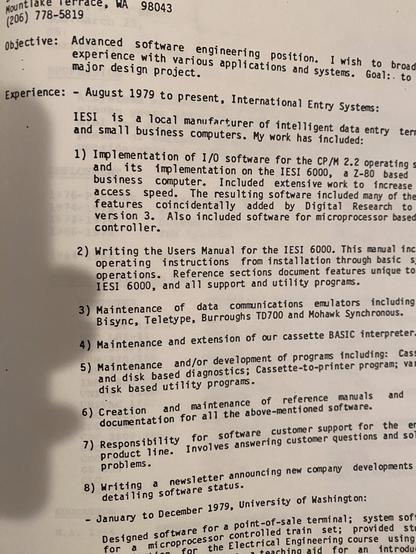A resume from the book "Objective: Advanced software engineering position". This person has experience with CP/M and the IESI 6000 computer