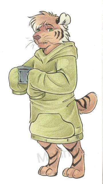 A tired looking anthro tiger holding a mug while wearing a very oversized hoodie.