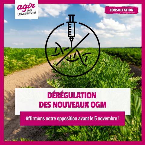 Visuel de l'association "Agir pour l'environnement", avec la mention suivante :
"Dérégulation des nouveaux OGM : affirmons notre opposition avant le 5 novembre"