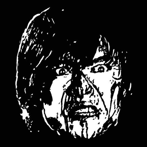 Pen drawing of a man with a bloodied face staring intently and gritting his teeth drawn on a black background.