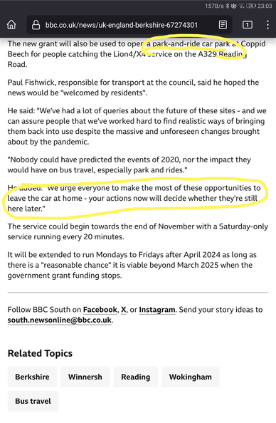 Screen shot of BBC article about park and ride with quote from council official urging people to leave their cars at home.
