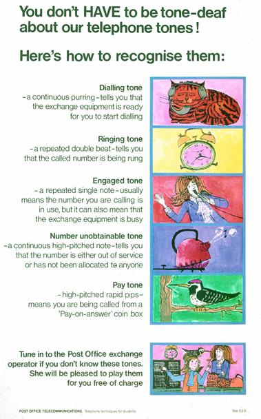 Illustration based poster, designed for children entitled "You don't HAVE to be tone-deaf about our telephone tones!  Here's how to recognise them:" It has 6 sections:

A cat wearing an operators headset:
Dialling tone - a continuous purring - tells you that the exchange equipment is ready for you to start dialling

An alarm clock with an angry face:
Ringing tone - a repeated double beat - tells you that the called number is being rung

A person with long ginger hair singing into a microphone:
Engaged tone - a repeated single note - usually means the number you are calling is in use, but it can also mean the exchange equipment is busy

A kettle whistling as it boils:
Number unobtainable tone - a continuous high-pitched note - tells you that the number is either out of service or has not been allocated to anyone

A woodpecker sitting on a branch, pecking the treetrunk:
Pay tone - high-pitched rapid pips - means you are being called from a "pay-on-answer" coin box

Composite picture featuring all the characters above standing around a telephone switchboard operator:
Tune in to the Post Office exchange operator if you don't know these tones.  She will be pleased to play them for you free of charge

Footer reads: Post office telecommunications, Telephone techniques for students, Tel Ed 6